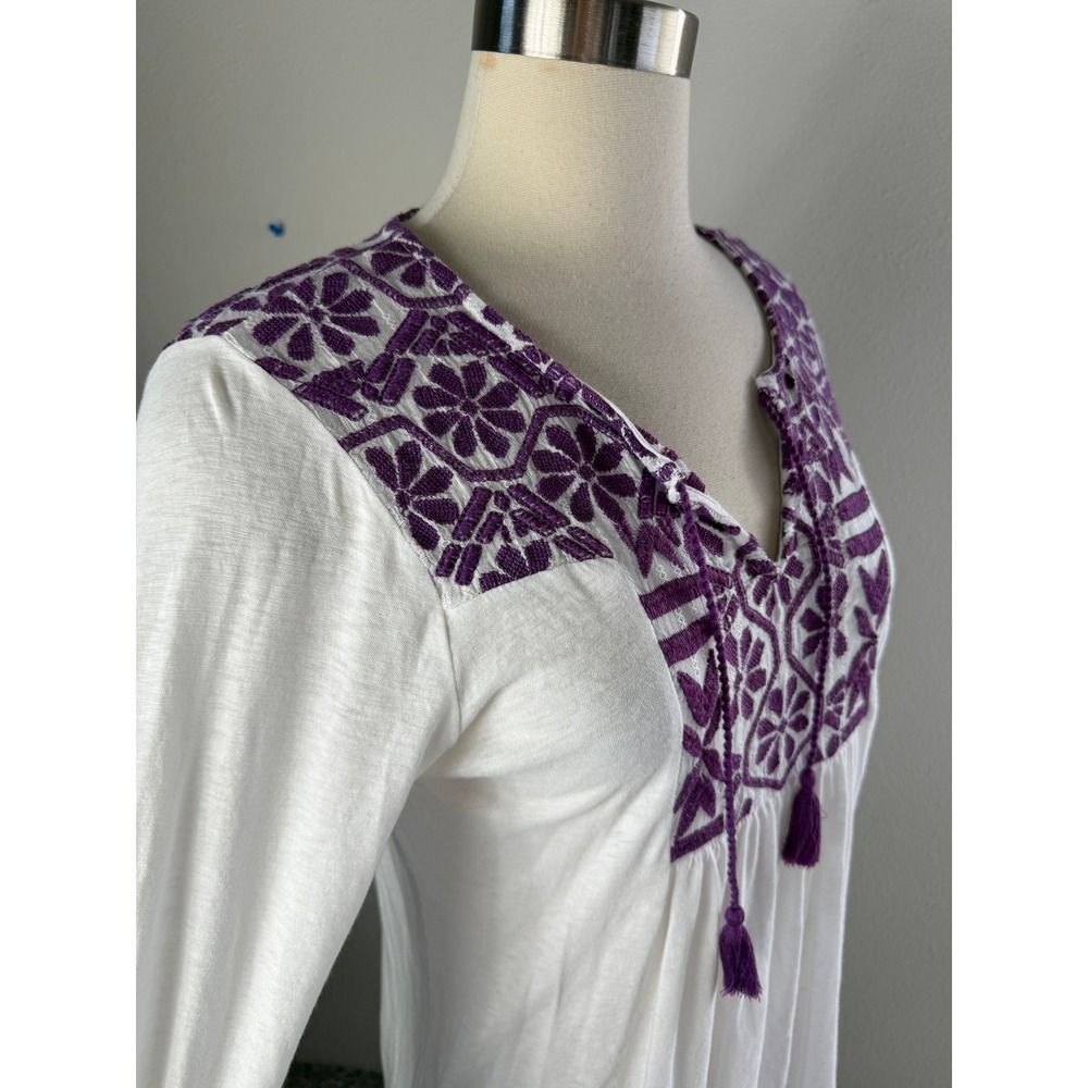 Lucky Brand Womens Small White Purple Embroidered Peasant Top Tassel Boho Blouse - Picture 2 of 8